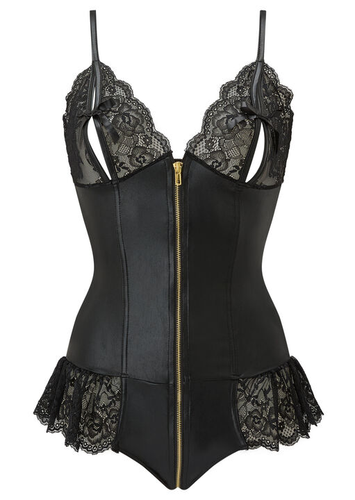 Tasha PU Peep Hole Zip Through Crotchless Teddy Lingerie image number 3.0